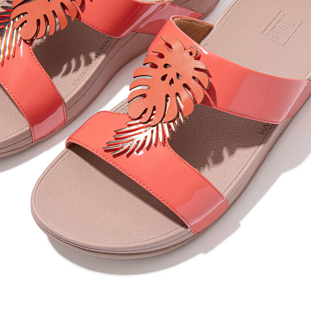 Fitflop Womens Slides - Lottie Jungle-leaf Patent - Coral Pink - 573-LSERVB